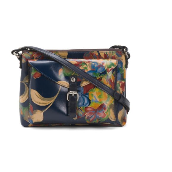 PATRICIA NASH Tops - PATRICIA NASH Le Fleur Navy Print Leather Avellino Front Pocket Crossbody